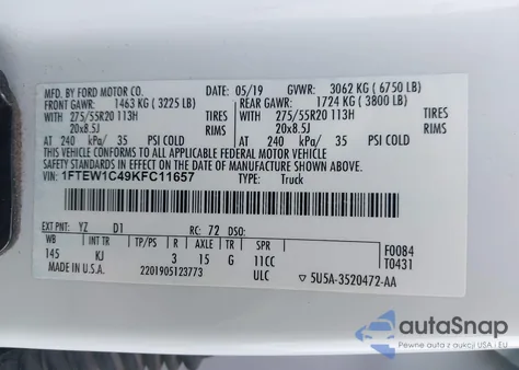 2019 Ford F-150 King Ranch z USA, uszkodzony, nr VIN 1FTEW1C49KFC11657